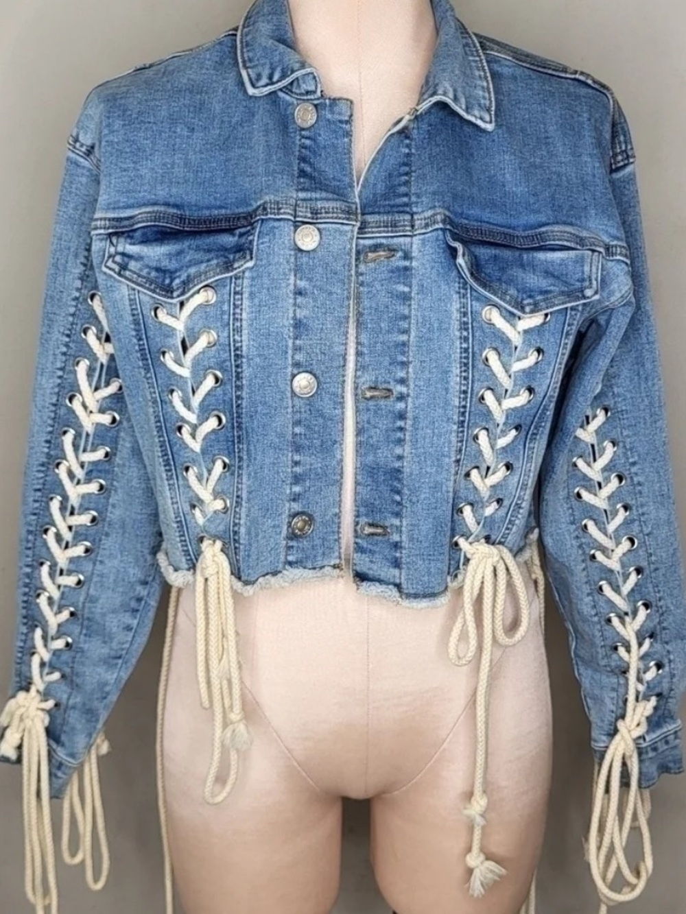 Lace-Up Cropped Denim Jacket
